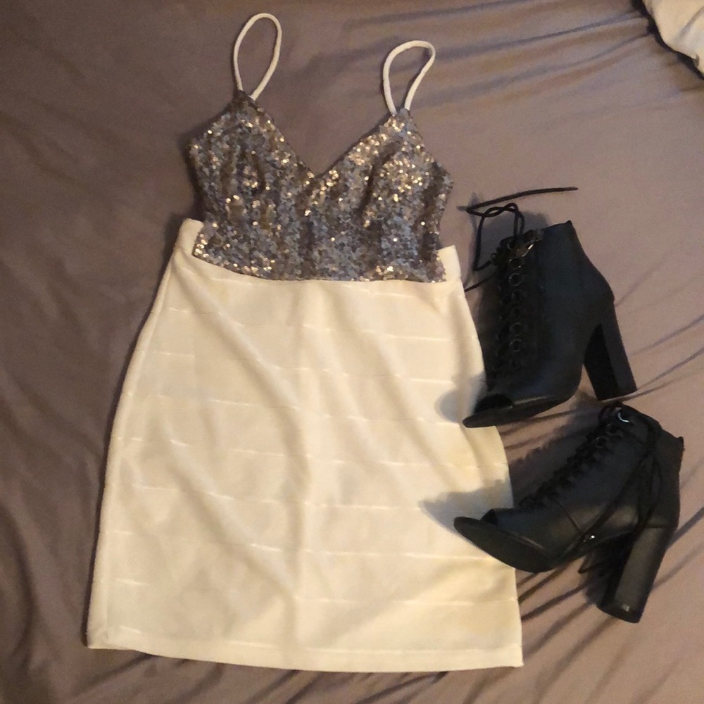 Silver Sequin and White Dress